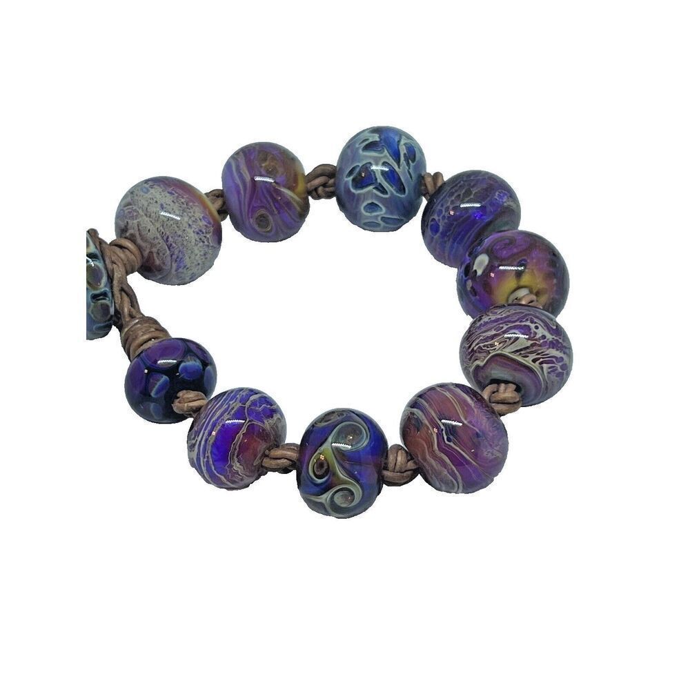 Santa Cruz Artist Made Lamp Worked Glass Bead Bracelet 9 3/4" OOAK Blue Purple - Picture 9 of 13